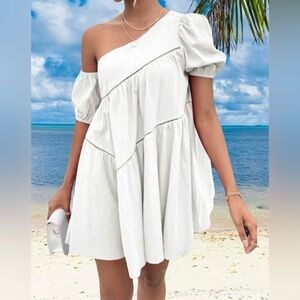 Flirty White Cotton Off-the Shoulder Puff Sleeves Mini Babydoll Dress